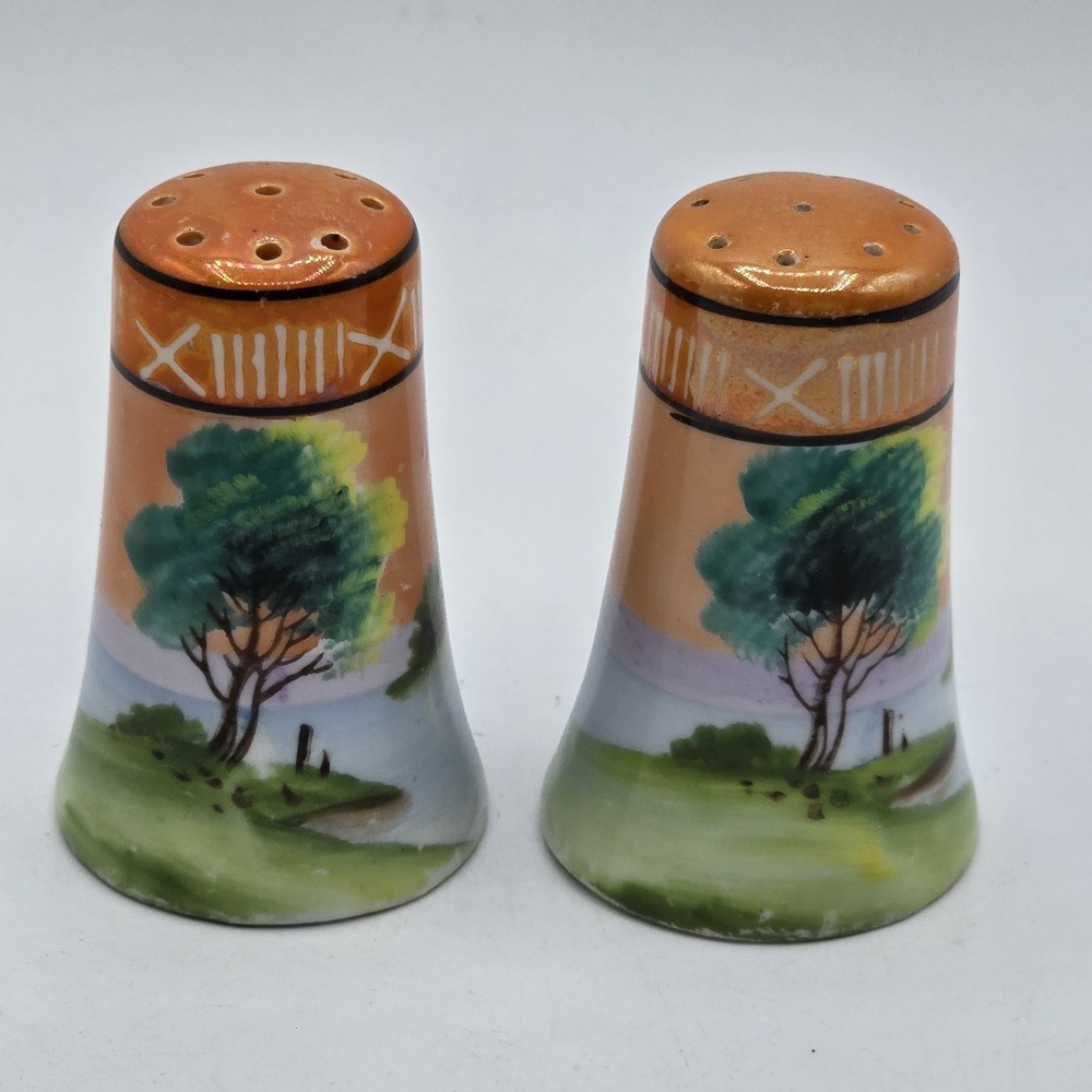 Vintage Noritake Handpainted Salt Pepper Shaker Japan Lusterware Tree Lake Scene